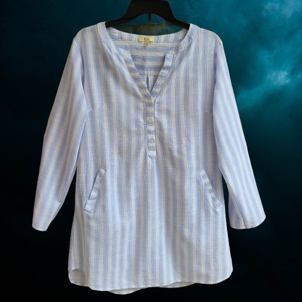 Kori America Womens Long Top Tunic Long Sleeves Roll Tab Striped Size S